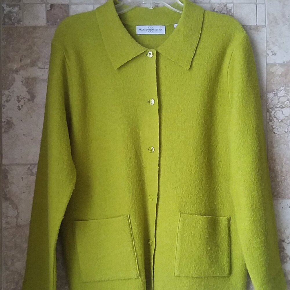 Marissa Christina Sweater Lime Green 100% Wool Cardigan